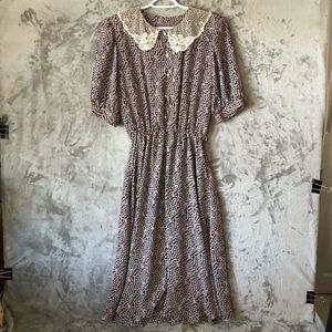 Vintage Floral Midi Dress Size 12 Lace Collar Bubble Sleeves Flowy Cottagecore